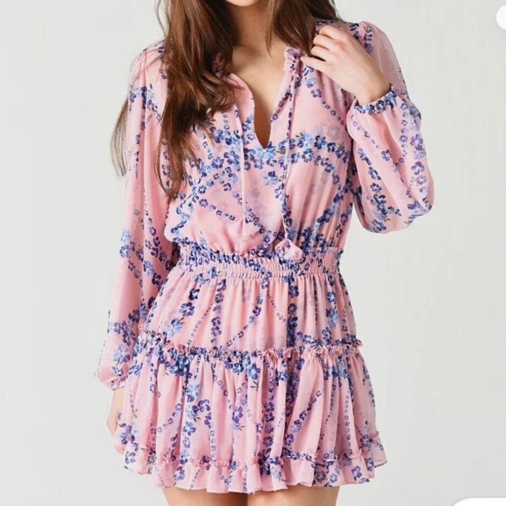 Misa Elle Kids Pink Blue Floral Long Sleeve Ruffle Tiered Dress Size 16‎